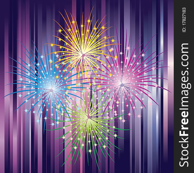 Colorful fireworks display against the backdrop of purple stripes. Colorful fireworks display against the backdrop of purple stripes.