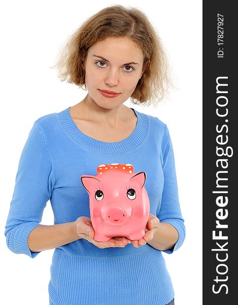 Woman with a piggybank isolated on white