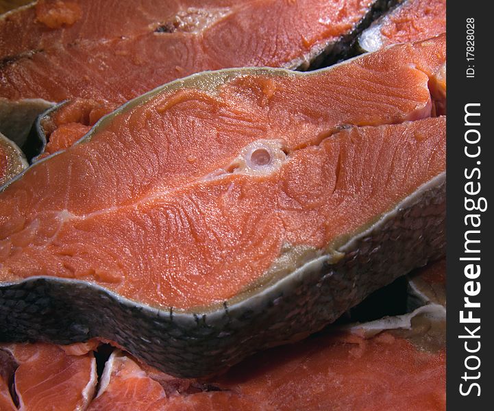 Fresh salmon fish steaks, close up. Fresh salmon fish steaks, close up