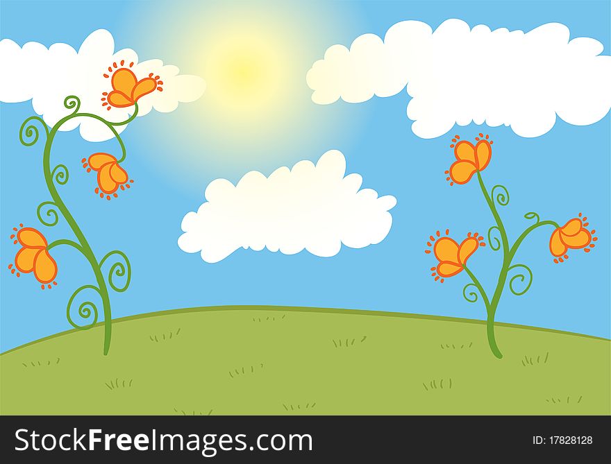 Field With Orange Flowers, Blue Sky With Clouds