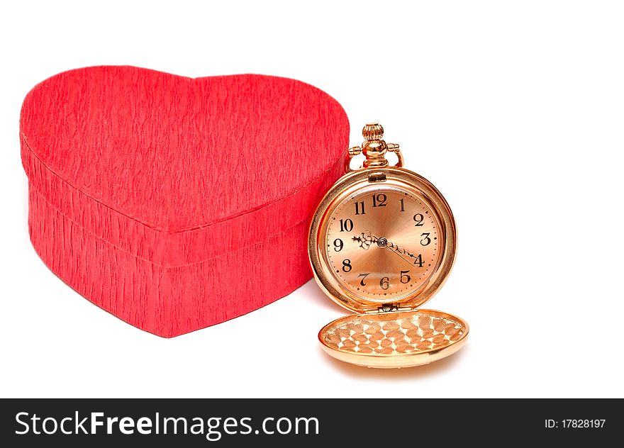 Red box hearts on white background with a pocket watch. Red box hearts on white background with a pocket watch