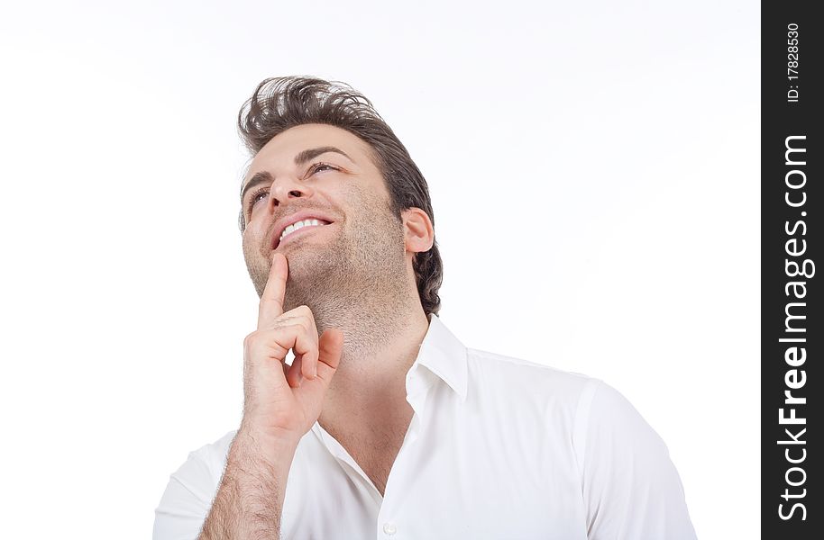 Man in white shirt standing, smiling- isolated on white. Man in white shirt standing, smiling- isolated on white