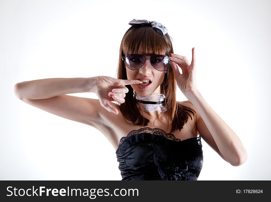 Portrait of girl dressed as French maid in big sunglasses. Portrait of girl dressed as French maid in big sunglasses