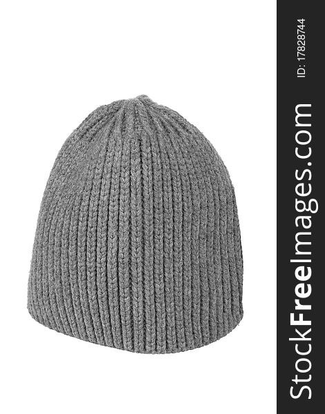 Woolen knitted cap of gray on a white background. Woolen knitted cap of gray on a white background