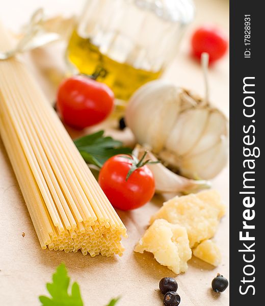 Composition of pasta, tomato, cheese and garlic