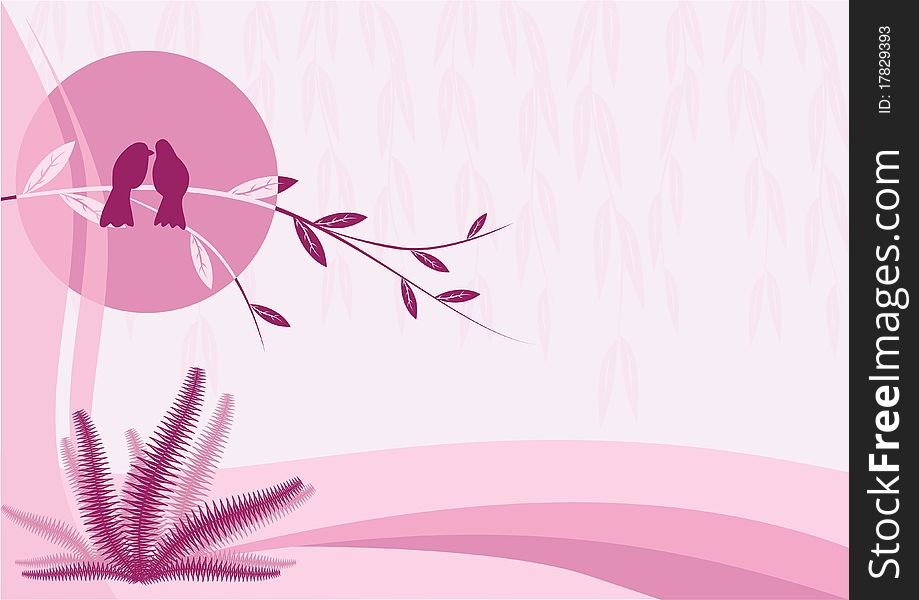 Floral ornament in the form of  branches and two birds on a abstract pink background. Floral ornament in the form of  branches and two birds on a abstract pink background