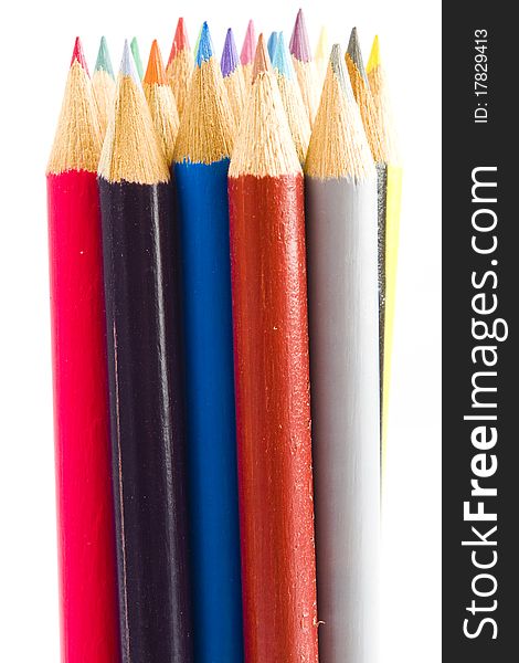 Collection of sharpened wooden coloring pencils. Collection of sharpened wooden coloring pencils