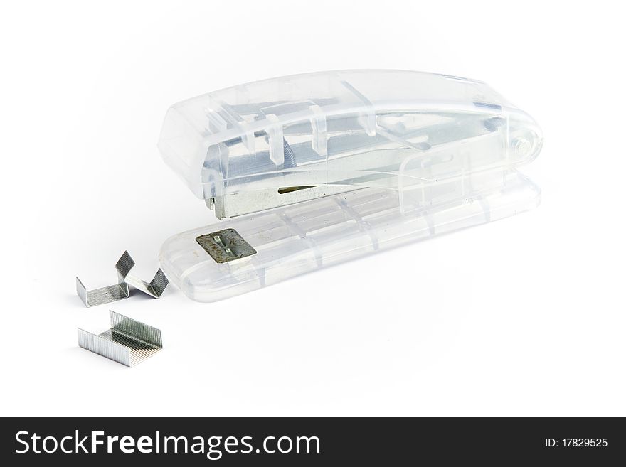 Plastic transparent school office stapler with metal staples. Plastic transparent school office stapler with metal staples