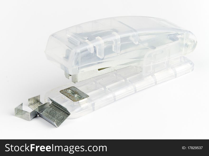 Plastic transparent school office stapler with metal staples. Plastic transparent school office stapler with metal staples
