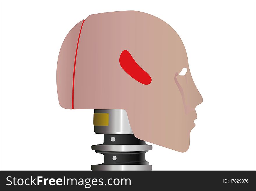 The image of a robot head in profile under the white background. The image of a robot head in profile under the white background