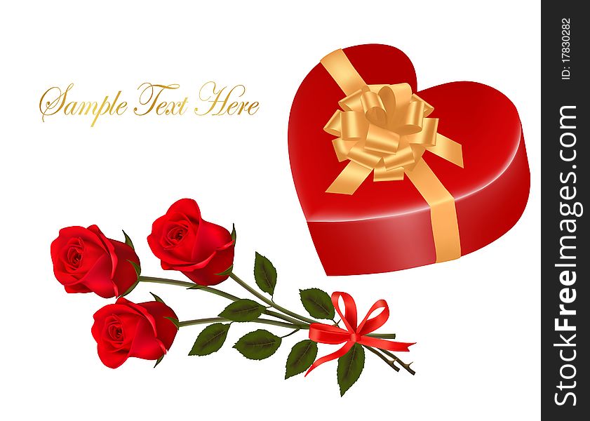 Valentine`s day card. Three Beautiful red roses and gift box with gold bow. Vector.