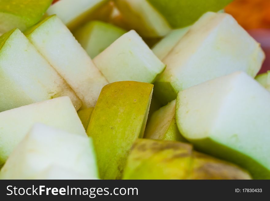 Granny Smith apple samples on fruit stand at Farmers Market, Barnsdall Park. Granny Smith apple samples on fruit stand at Farmers Market, Barnsdall Park