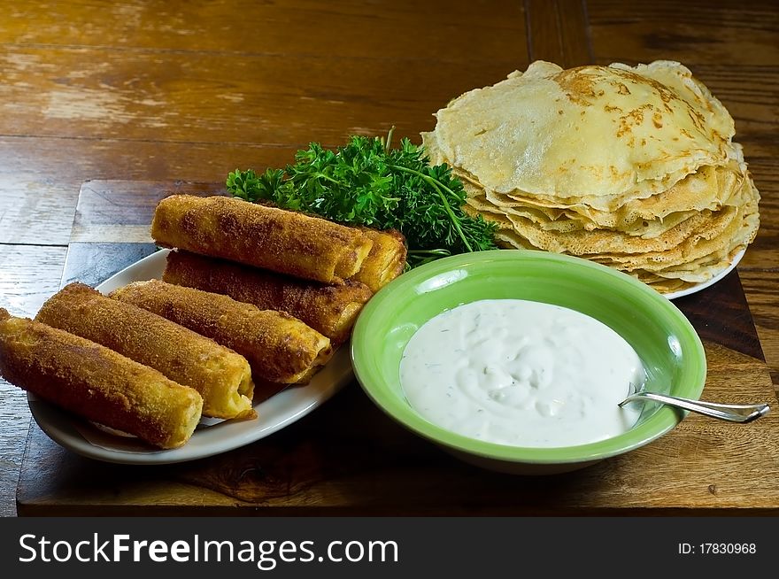 Fried Crepes Rolled on the Plate