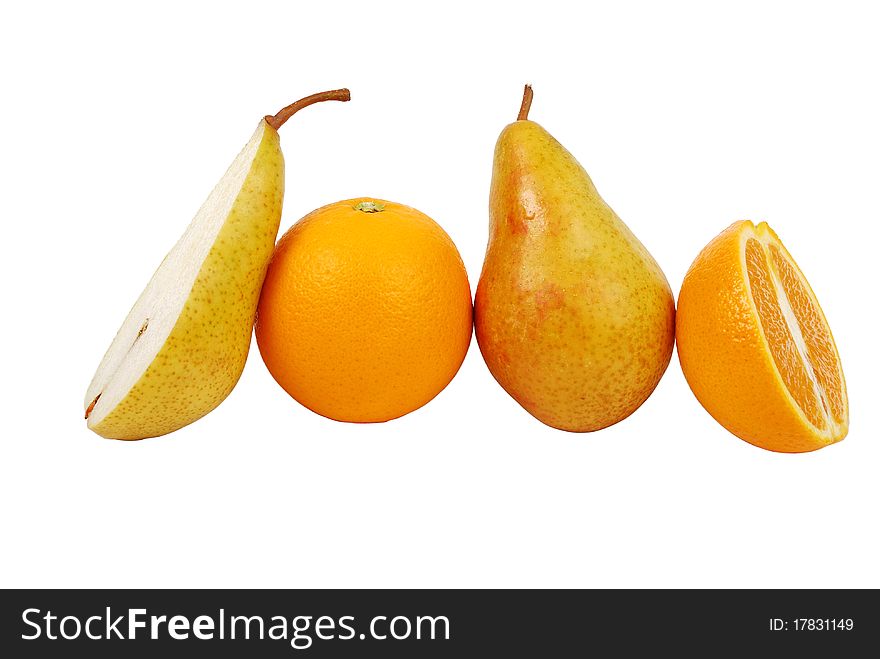 Pear and orange on a white background