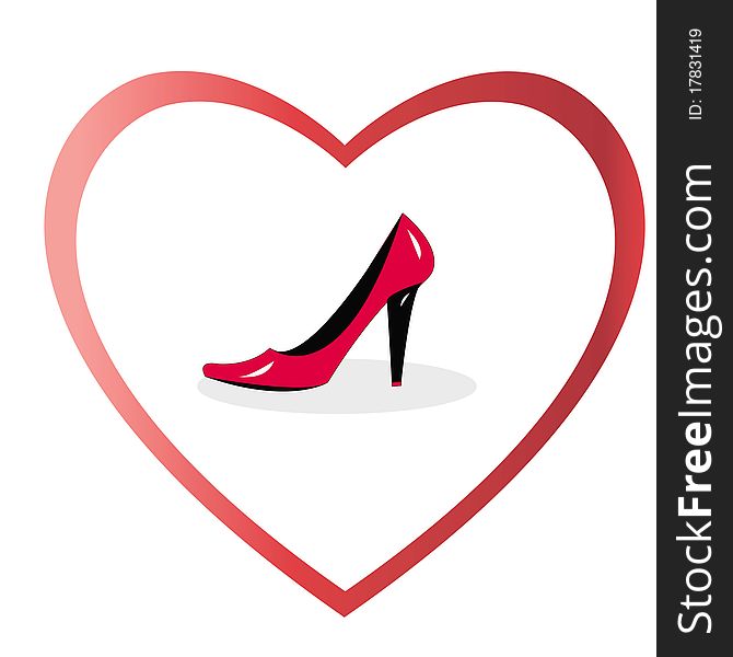 Female red shoe in heart. Female red shoe in heart