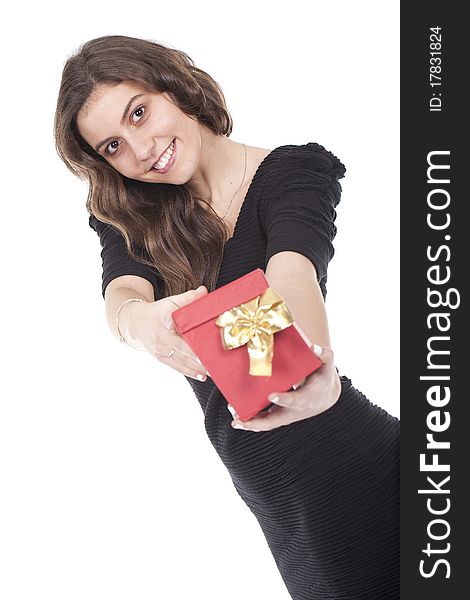 Smiling woman giving a red gift box