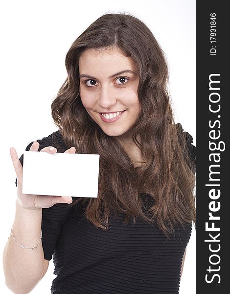 A smiling woman is holding an empty card. A smiling woman is holding an empty card