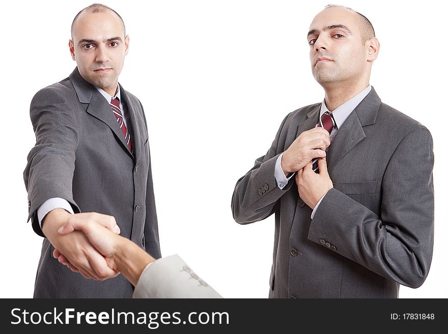 Man shaking hand and straighten his tie