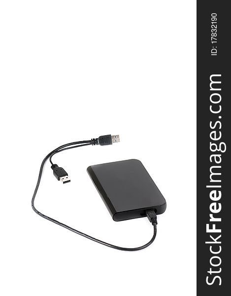 Portable external hard disk drive with USB cable on white background