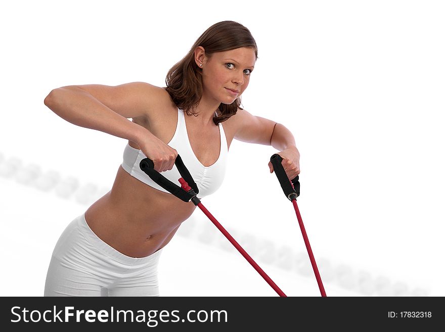 Fit and muscular young caucasian woman exercising with power lines. Fit and muscular young caucasian woman exercising with power lines