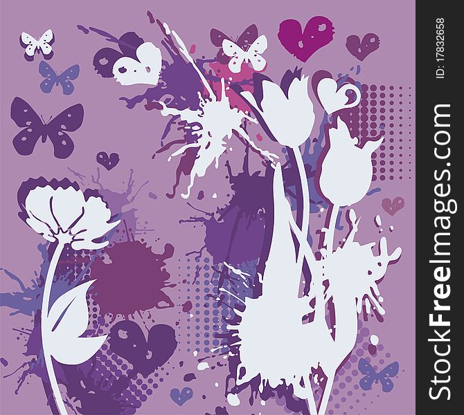 Postcard with hearts, flowers and blots on violet background. Vector illustration. Postcard with hearts, flowers and blots on violet background. Vector illustration