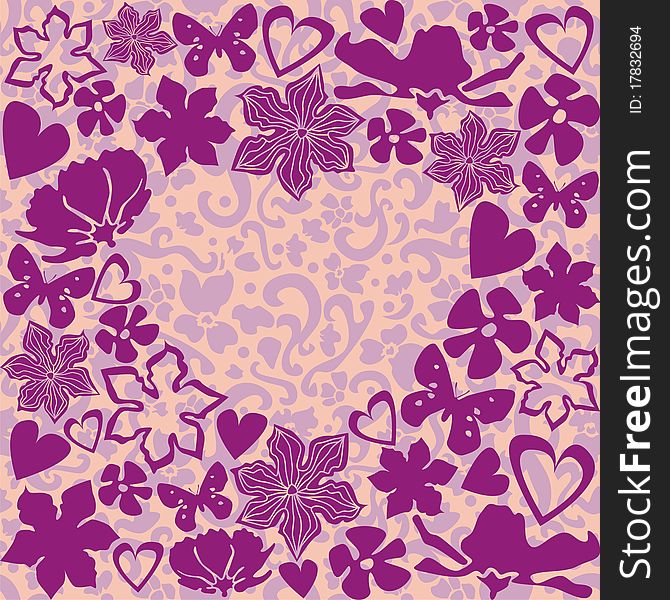 Heart consist of flowers and patterns on violet background. Vector illustration. Heart consist of flowers and patterns on violet background. Vector illustration