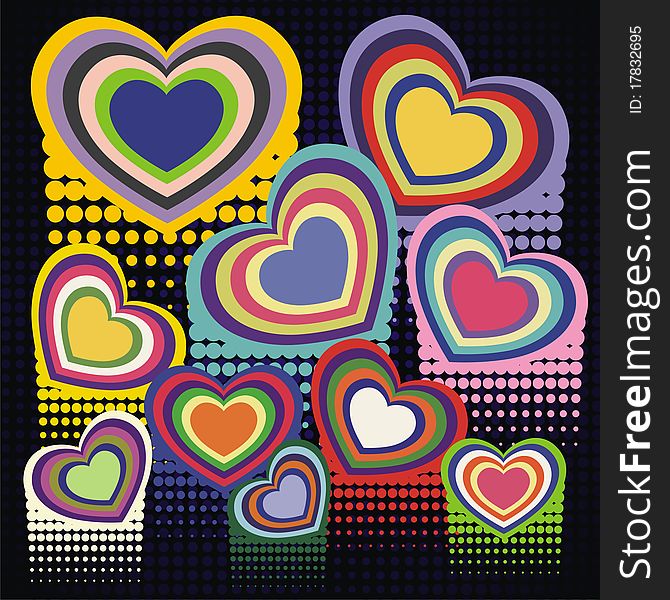 A few colorful hearts on black background. Vector illustration. A few colorful hearts on black background. Vector illustration