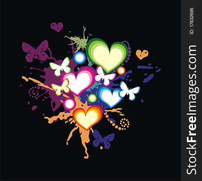 Colorful hearts and butterfles on black background. Vector illustration. Colorful hearts and butterfles on black background. Vector illustration