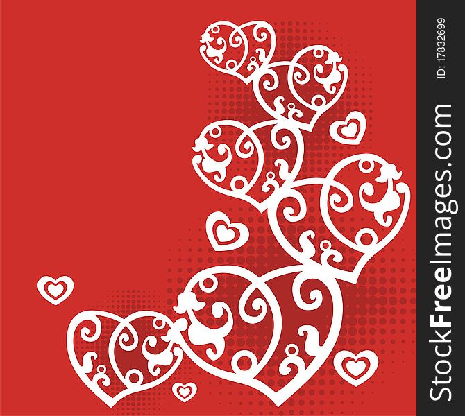 Postcard with white hearts on red background. Vector illustration. Postcard with white hearts on red background. Vector illustration