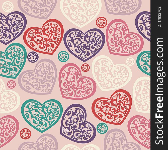 Texture of colorful hearts on pink background. Vector illustration. Texture of colorful hearts on pink background. Vector illustration