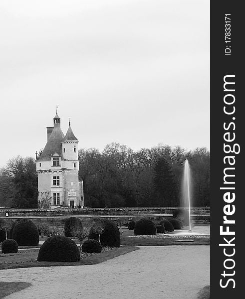 Black and white photo of Marques Tower at Chenonceau Castle in the Loire Region of France during winter. Black and white photo of Marques Tower at Chenonceau Castle in the Loire Region of France during winter.