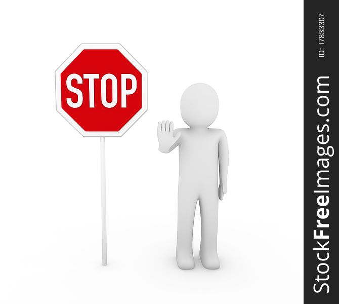 3d human stop red sign white symbol shield