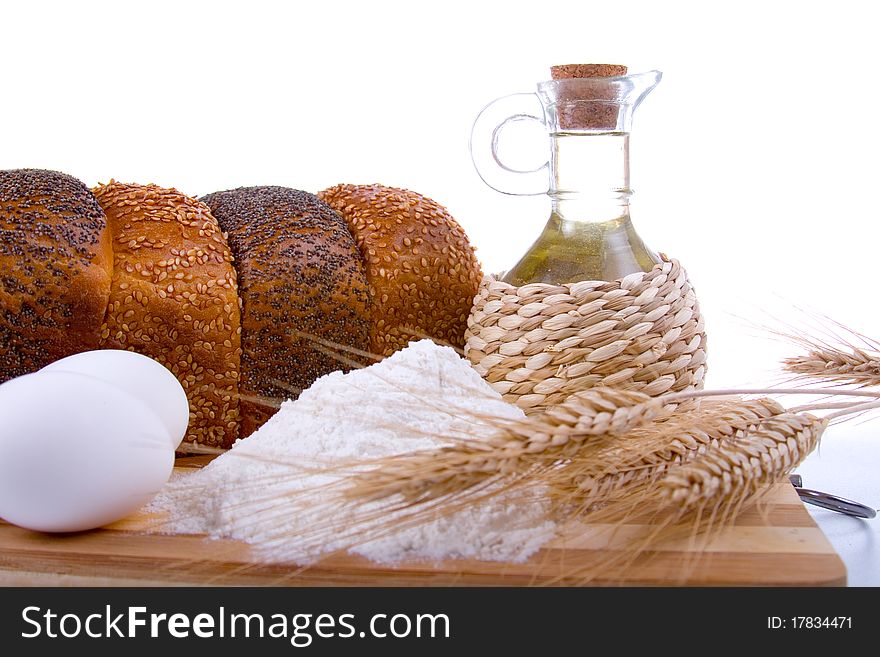 Fresh bread,  eggs,  flour  and  oil
