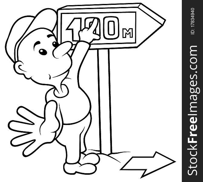 Boy and Dirrection Arrow - Black and White Cartoon illustration, Vector