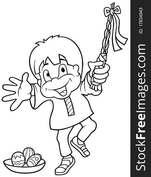 Boy and Easter - Black and White Cartoon illustration, Vector