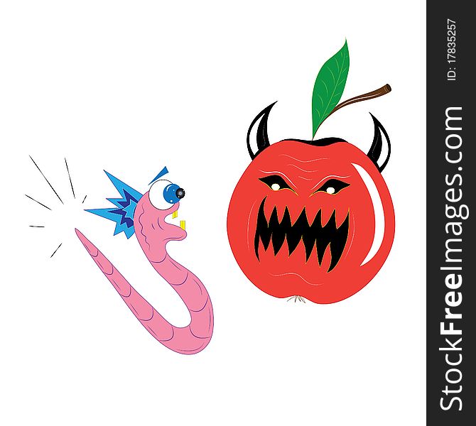 Apple and a worm.Illustration.Vector.