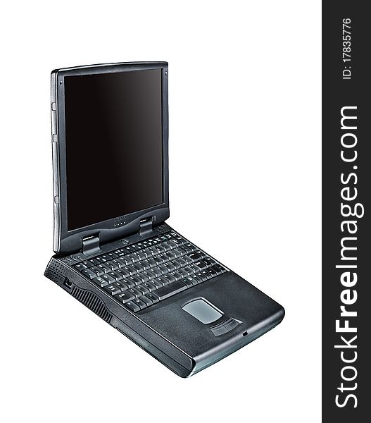 Black portable computer. Front view. Black screen Side view. Black portable computer. Front view. Black screen Side view.