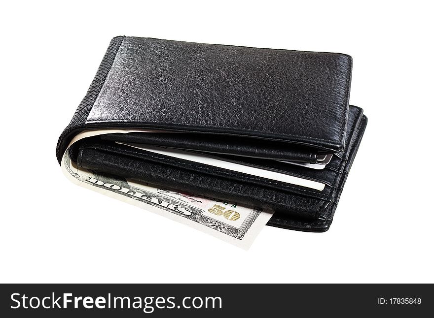 Black leather Wallet with cards and cash isoalted on white background