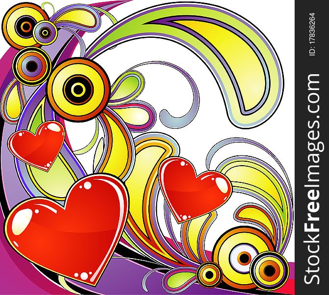 Funky styled composition with red hearts, swirls and circles. Funky styled composition with red hearts, swirls and circles