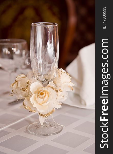 The wedding table is covered in day of celebrating of wedding. The wedding table is covered in day of celebrating of wedding