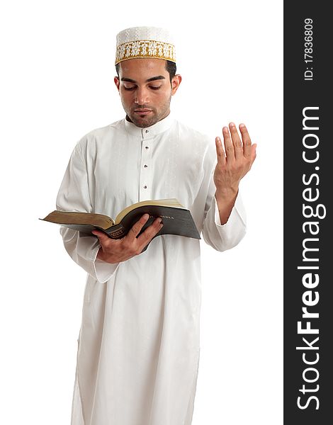 Teacher or preacher reading from a religious book, or other literary book.  White background. Teacher or preacher reading from a religious book, or other literary book.  White background.