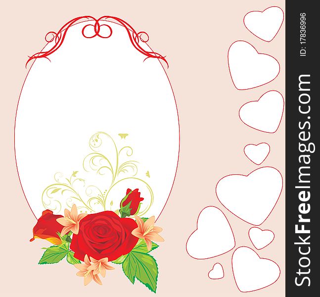 Bouquet of roses and lilies with hearts. Card