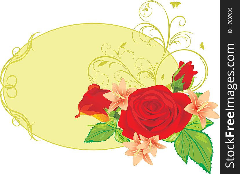 Bouquet of roses and lilies in the decorative frame. Illustration