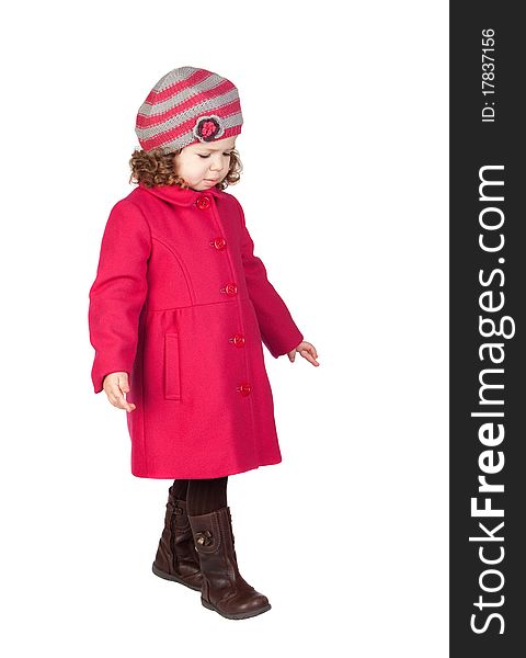 Smiling baby girl with pink coat isolated over white background