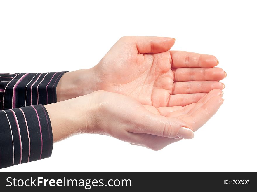 Beautiful woman's hands open. Isolated on white background