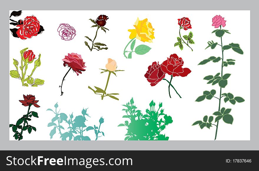 Set of 13 rose silhouettes, elements for your design. Set of 13 rose silhouettes, elements for your design