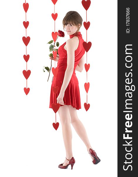 Girl in red dress with rose