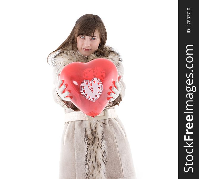 Girl in fur coat with red heart