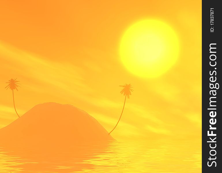 Seascape island with palm trees, clouds and sun in the sky. 3d computer modeling