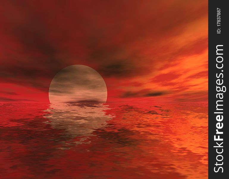 Marine landscape with clouds and sun on the burgundy sky. 3d computer modeling